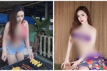 Ngượng chín mặt hot girl “mặc như không” khi nướng thịt, nạo dừa