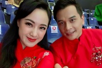 MC Hoài Anh diện áo dài đỏ rực quay chương trình Tết