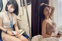 Hot girl xinh đẹp ngủ gật trên tàu điện, lộ vòng 1 hớ hênh 