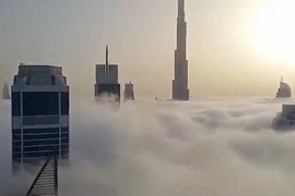 Ngắm nhà chọc trời nhấp nhô trong sương trắng ở Dubai