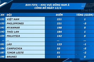 Việt Nam đứng đầu Đông Nam Á trong BXH FIFA tháng 2