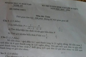 Đề thi vào lớp 10 THPT môn Toán toàn tỉnh Nghệ An sáng 10/6