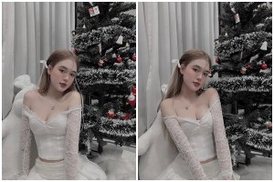 Vợ Tiến Long chụp ảnh khoe vòng 1 quyến rũ bên cây thông Noel