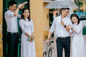 Bảo Thanh diện áo dài trắng, tình tứ bên ông xã mùa khai trường