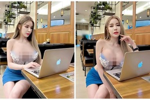 Hot girl hở nửa vòng một ở quán ăn gây phản cảm