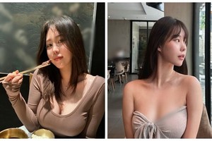 Hot girl Hàn Quốc mặc đồ mỏng trễ nải đi ăn gây chú ý