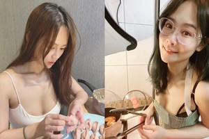 Đỏ mặt hot girl “thả rông” vòng 1 khi nấu ăn, làm việc nhà