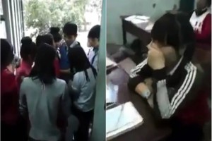 Xôn xao clip học sinh khóc, níu giữ thầy đánh trò