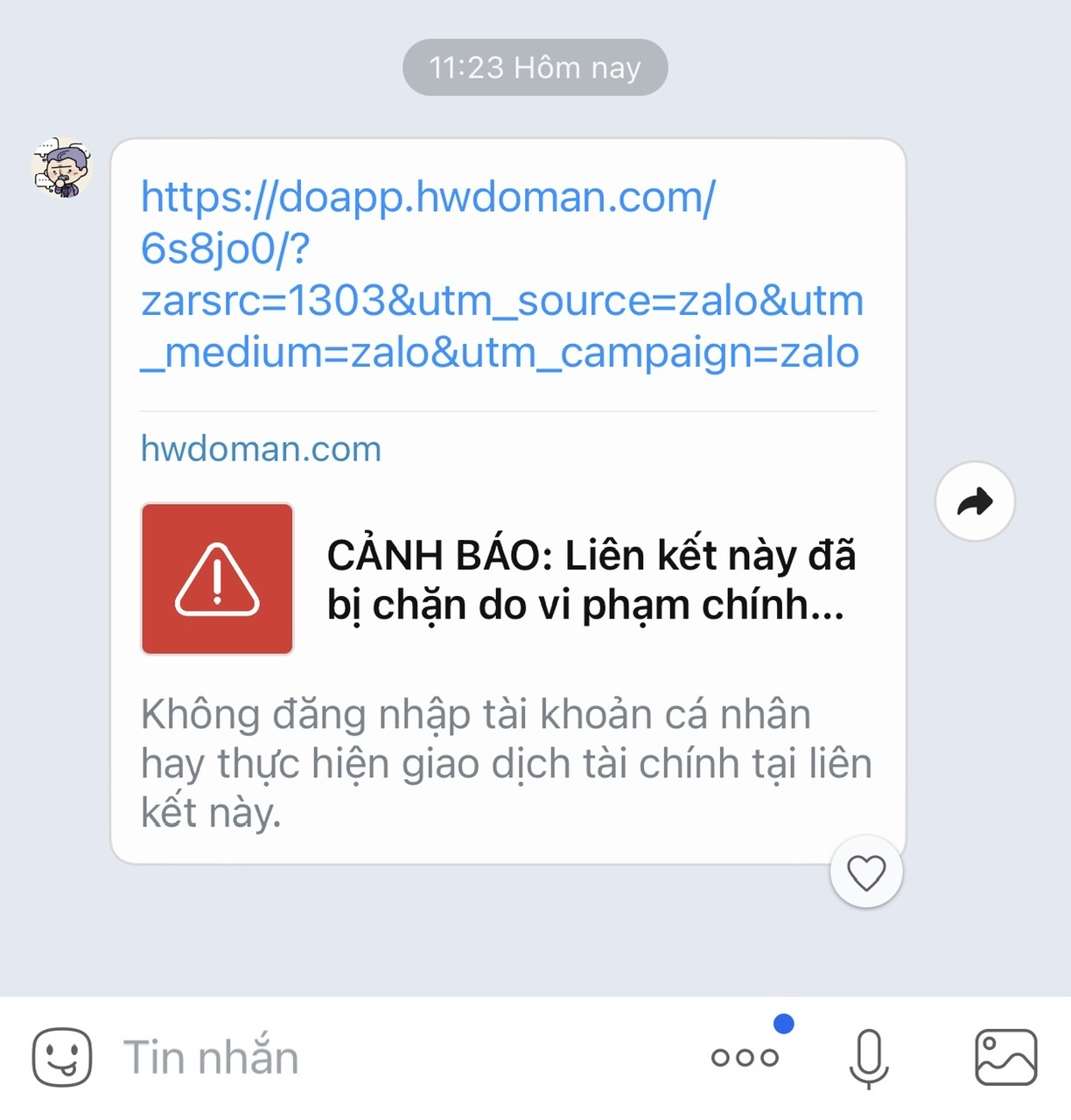 Một đường link của đường dây lừa đảo gửi tin nhắn qua Zalo yêu cầu nạn nhân đăng nhập đã bị Zalo chặn và cảnh báo người dùng