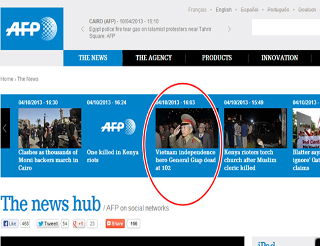 Tin đại tướng Võ Nguyên Giáp mất tràn ngập báo mạng quốc tế