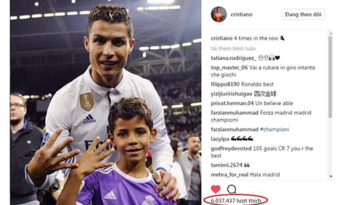 Top 10 ảnh nhận siêu bão like của Ronaldo trên Instagram