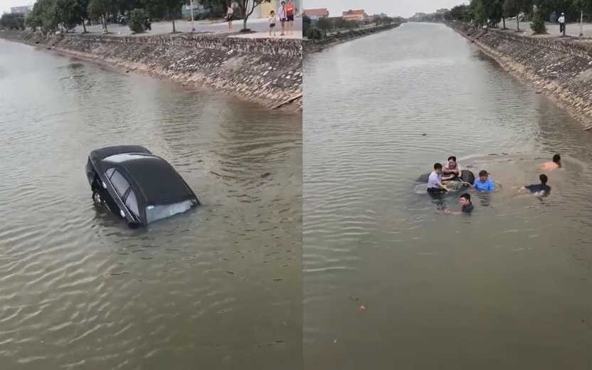 Ô tô mất lái rơi xuống sông, người dân hợp sức đập kính giải cứu tài xế