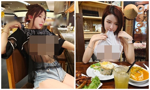 “Cạn lời” hot girl “thả rông” vòng một, vén áo ở quán ăn