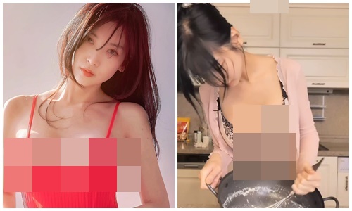 Hot girl mặc hở hang khoe vòng một khi quay vlog nấu ăn