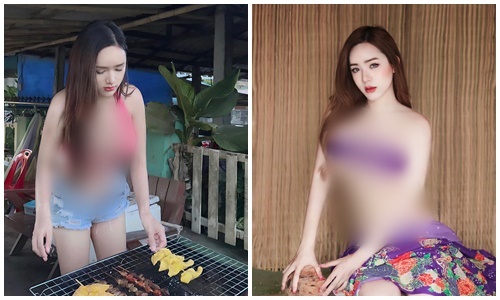 Ngượng chín mặt hot girl “mặc như không” khi nướng thịt, nạo dừa