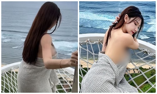 “Quên nội y”, hot girl giữ chặt tấm chăn khi tạo dáng trên biển