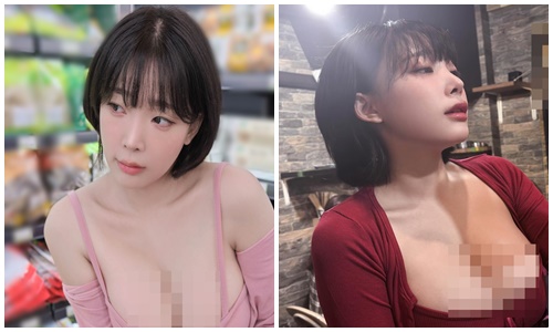 “Cạn lời” hot girl kéo áo khoe vòng một khi đi siêu thị