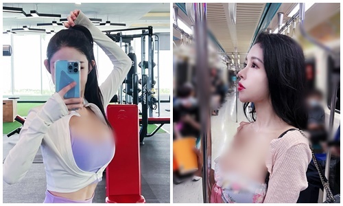 Đi tàu điện, hot girl “siêu vòng 1” mặc hở bạo gây sốc