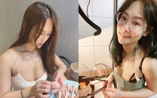 Đỏ mặt hot girl “thả rông” vòng 1 khi nấu ăn, làm việc nhà