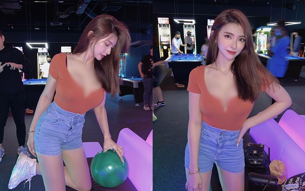 Đỏ mặt hot girl xinh đẹp mặc hở khoe dáng bốc lửa chơi bowling