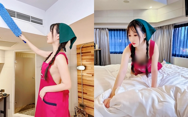 Dọn nhà, hot girl xinh đẹp mặc tạp dề lộ vòng 1 hớ hênh