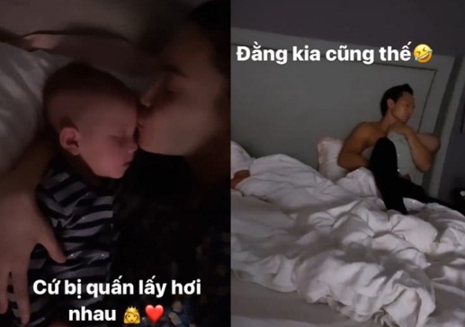 Cảnh chăm con “đầu bù tóc rối” của Kim Lý - Hồ Ngọc Hà