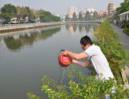 Háo hức thả cá chép ra sông