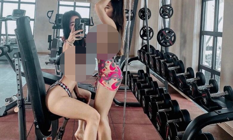 Mặc đồ bơi đi tập gym, 2 cô gái chụp ảnh khó hiểu