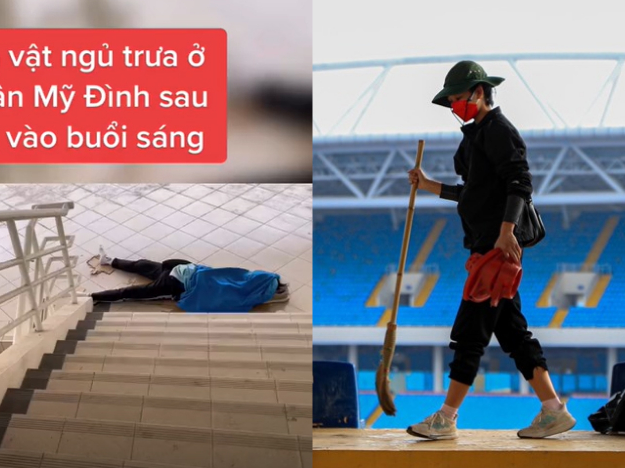 Xúc động dọn sân Mỹ Đình, sinh viên tranh thủ trải áo nghỉ trưa