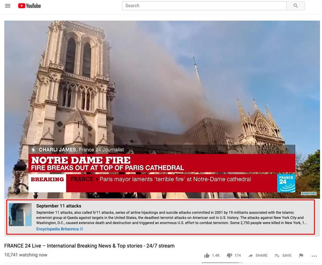 YouTube nhầm vụ cháy Nhà thờ Đức Bà ở Paris là khủng bố 11/9