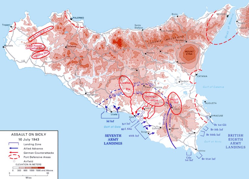 Sicily là hòn đảo lớn thuộc lãnh thổ Italia và nằm ở phía nam nước này, hòn đảo này đã từ lâu được mệnh danh là thánh địa của Mafia với việc sản sinh ra rất nhiều các ông trùm xã hội đen nguy hiểm nhất thế giới. Nhưng trong Chiến tranh Thế giới thứ 2 hòn đảo này lại nằm dưới quyền kiểm soát của quân phát xít. Năm 1943, sau một loạt chiến thắng quan trọng ở Bắc Phi, quân Đồng Minh triển khai chiến dịch đổ bộ đầu tiên lên châu Âu mang tên  Chiến dịch Husky. Nguồn ảnh: Wiki.