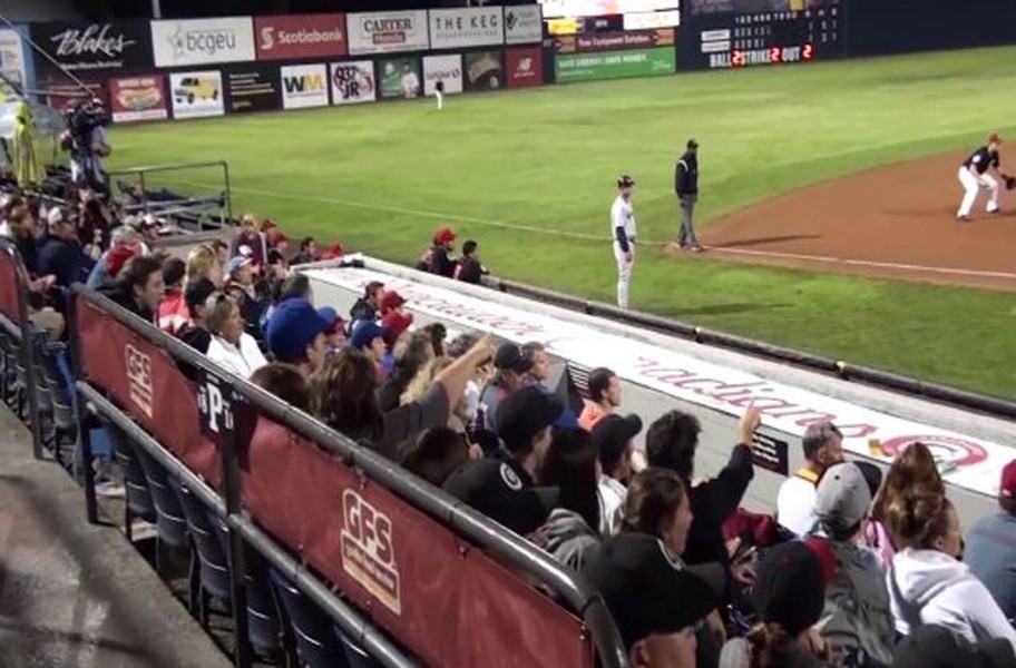 Cổ động viên của đội bóng chày Vancouver Canadians và Everett AquaSox đang chỉ tay vào một chấm sáng, vừa xuất hiện trên bầu trời.