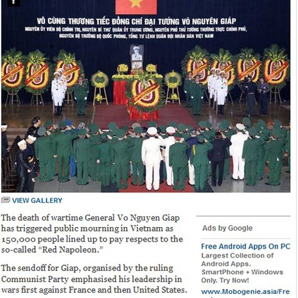 Tờ The Independence của Anh đánh giá Đại tướng Võ Nguyên Giáp là "một biểu tượng của dân tộc Việt Nam và trên toàn thế giới. 150.000 người xếp hàng viếng Người"