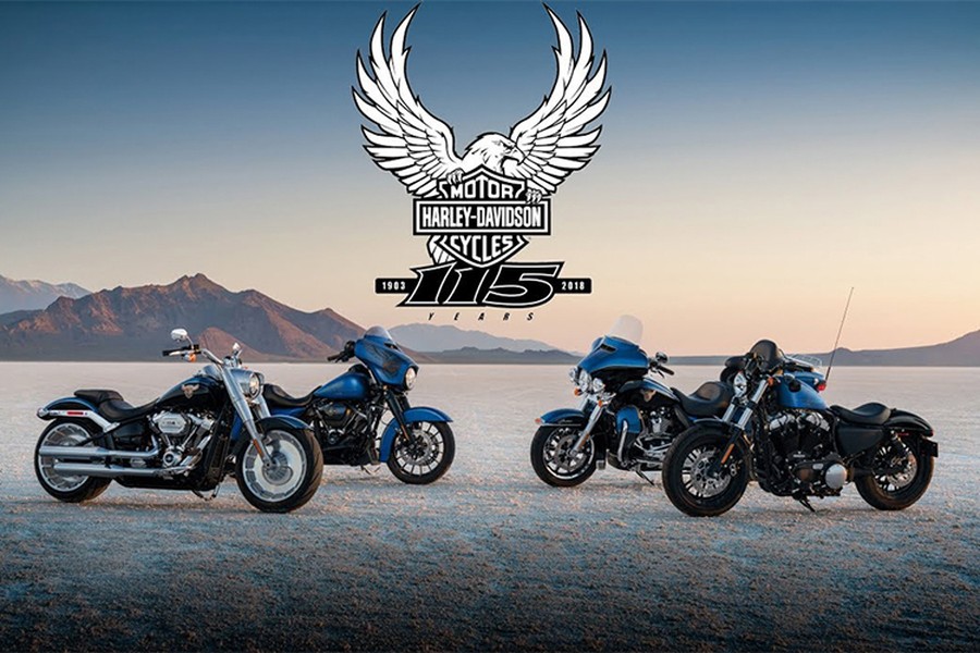 Loạt xe môtô  Harley-Davidson 115th Anniversary này được sản xuất giới hạn với số lượng giới hạn từ 900 đến hơn 2400 chiếc tùy từng mẫu xe. Tất cả chúng đều có dấu hiệu nhận diện đặc biệt được đánh dấu với màu sơn xanh dương, kết hợp bộ tem chú đại bàng cách điệu.