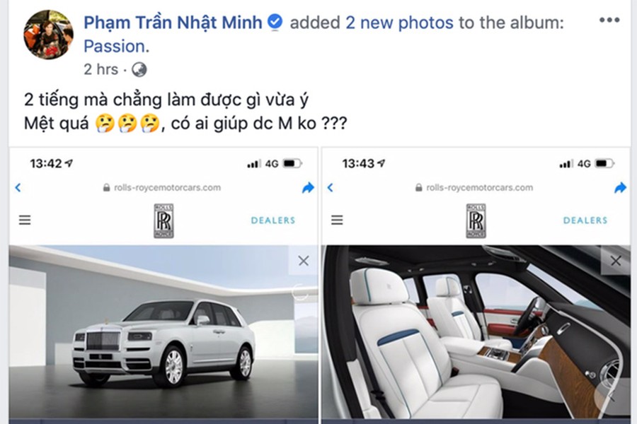 Mới đây, trên mạng xã hội -  đại gia siêu xe Minh Nhựa lại khoe về việc chọn trang bị cho một chiếc SUV Rolls-Royce Cullinan mới. Với câu nói đầy ẩn ý, giới đam mê xe tại Việt Nam lại được dịp đồn đoán việc đại gia này sẽ sắm một chiếc SUV siêu sang của Anh quốc vào thời gian tới.