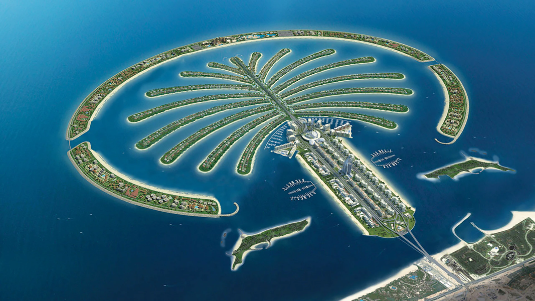 1. Quần đảo Palm (Dubai): Bao gồm ba  hòn đảo nhân tạo lớn nhất thế giới, Palm Jumeirah, Palm Jebel Ali và Palm Deira. Được xây dựng tạo hình giống cây cọ, trở thành điểm du lịch nổi tiếng với hàng loạt tiện ích và cơ sở hạ tầng hiện đại.