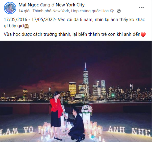 Vưa qua " MC đẹp nhất VTV" - Mai Ngọc gây chú ý khi cập nhật trạng thái đang ở New York. Đính kèm là loạt ảnh nữ MC bất ngờ được anh xã cầu hôn.