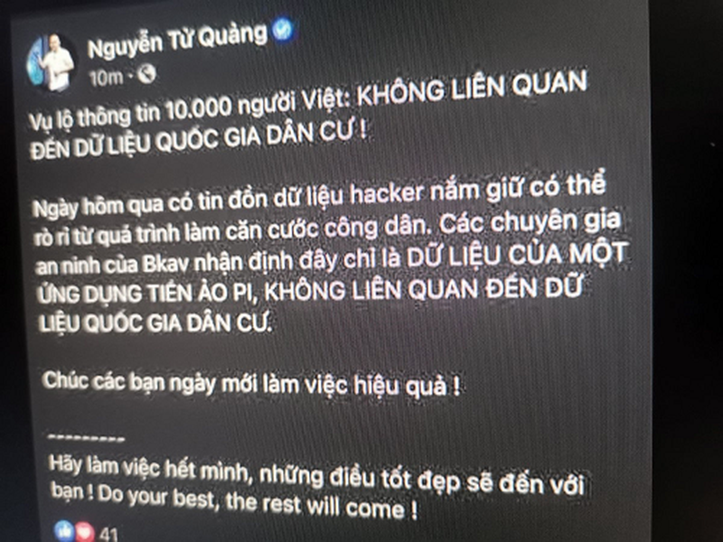 Liên quan đến vụ 17 GB dữ liệu thông tin cá nhân của người Việt Nam bị rao bán với giá 9.000 USD,  CEO Bkav được cho đã có chia sẻ gây phản ứng trái chiều trên trang cá nhân của mình.