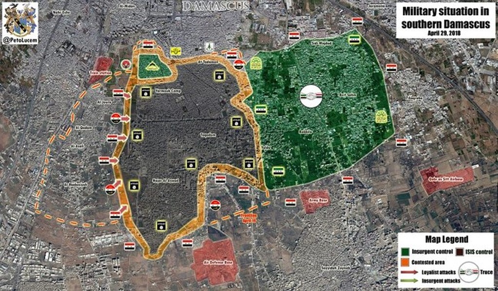 Al- Masdar News dẫn nguồn tin quân sự đi cùng các đơn vị chiến đấu ở các quận nam Damascus cho biết,  quân đội Syria và đơn vị quân tình nguyện Palestine đã giải phóng nhiều khu vực tại quận Al-Qadam. Trong đó có khu phố Bour Sa’eed và khu công nghiệp phía tây của quận này. Ảnh: Masdar News.