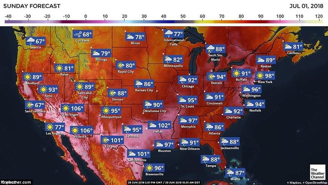 Nắng nóng lan tới nhiều khu vực của  nước Mỹ, nhiều khu vực nhiệt độ lên tới trên 100 độ F. Ảnh: AccuWeather.