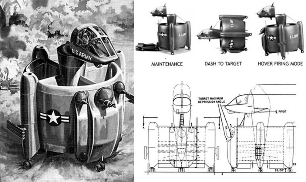 Convair Model 49 là mẫu máy bay cất cánh thẳng đứng kỳ lạ do công ty Convair chế tạo vào thập kỷ 60. Máy bay sử dụng động cơ cánh quạt để cất, hạ cánh tương tự như trực thăng. Buồng lái có thể điều chỉnh vuông góc so với phần động cơ đẩy khi hạ cánh hoặc gập lại khi bay thẳng. Dự án sau đó đã bị hủy bỏ do tính bất thường trong thiết kế. (Ảnh USAF)