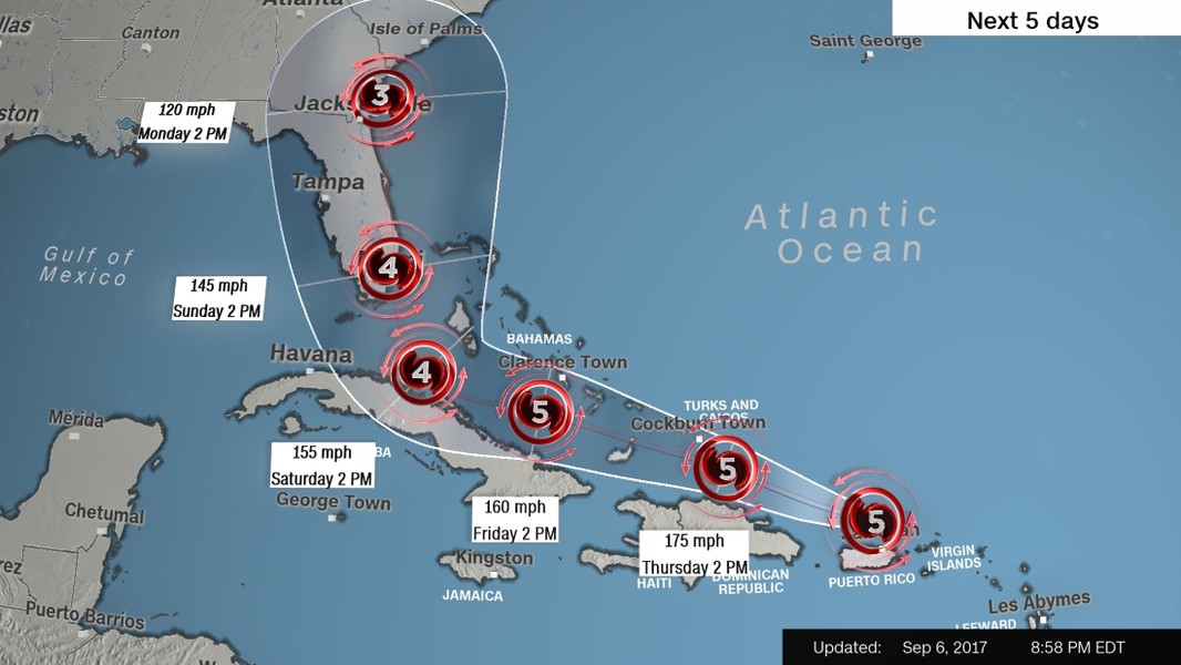  Siêu bão Irma mạnh cấp 5 mang theo những cơn mưa lớn và gió mạnh đã tàn phá các quốc gia và vùng lãnh thổ ở vùng Caribe. Ảnh: Đường đi của bão Irma cập nhật hôm 6/9 (Nguồn: CNN).