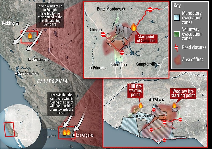 Theo Daily Mail, bang  California chìm trong biển lửa vì 3 đám cháy rừng dữ dội đang hoành hành, trong đó có 2 đám cháy ở phía nam bang này và một ở miền bắc. Ảnh: Daily Mail.