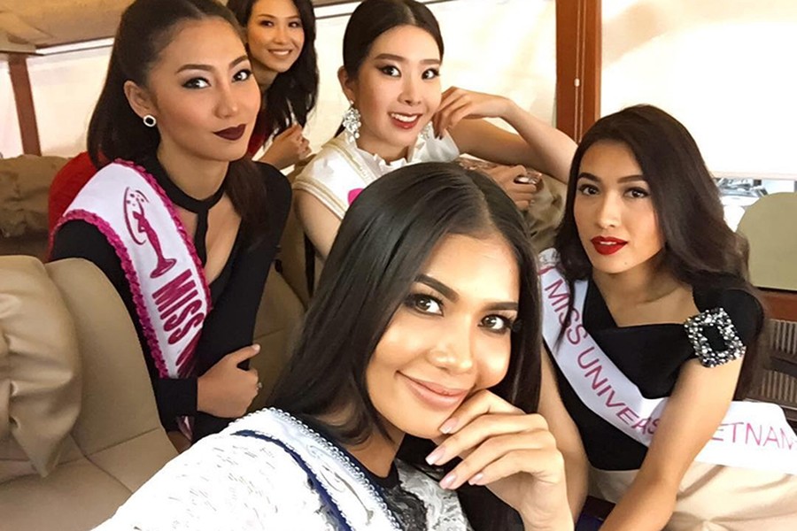 Trước khi chính thức bước vào  Miss Universe 2016, Á hậu Lệ Hằng và Chalita Suansane (váy ren trắng) đã gặp nhau trong hoạt động quảng bá cho cuộc thi. (Ảnh: Instagram nhân vật)