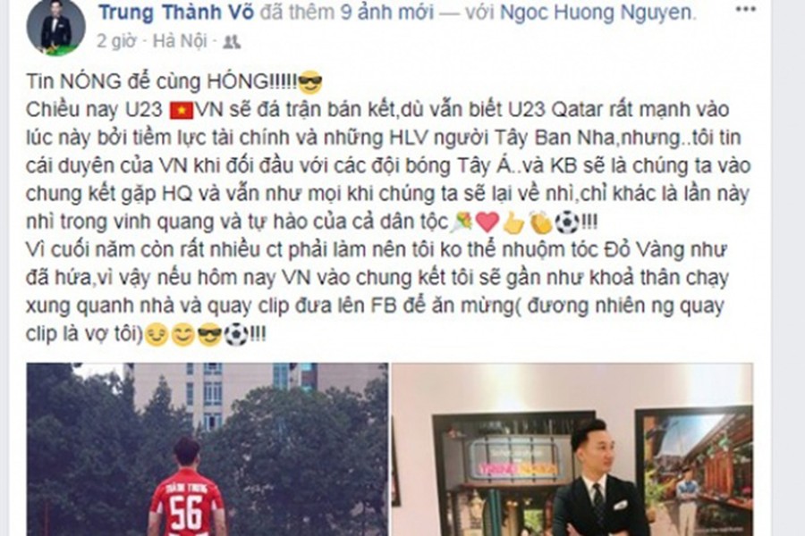 Trước trận đấu giữa  U23 Việt Nam và U23 Qatar tại giải U23 châu Á, MC Thành Trung khẳng định sẽ quay clip gần như khỏa thân chạy xung quanh nhà nếu U23 Việt Nam chiến thắng thay vì nhuộm tóc đỏ vàng như đã hứa trước đó. Ảnh: Ngoisao