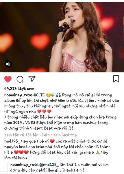 Gần đây,  Hòa Minzy bất ngờ đáp trả fan gay gắt khi được khuyên không nên đổi beat nhạc để ca khúc trở thành hit. Bị dân mạng chỉ trích, nữ ca sĩ đã khóa trang cá nhân Facebook lẫn Instagram. Ảnh: Zing