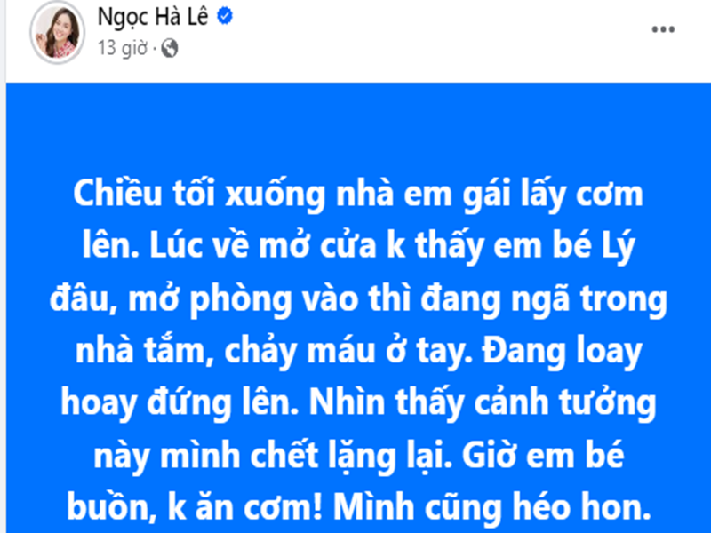 Trên trang cá nhân, Ngọc Hà vừa cho biết, trong lúc cô không ở nhà,  NSND Công Lý bị ngã trong nhà tắm. "Nhìn thấy cảnh tượng này mình chết lặng lại. Giờ em bé buồn, không ăn cơm. Mình cũng héo hon". Ảnh chụp màn hình.