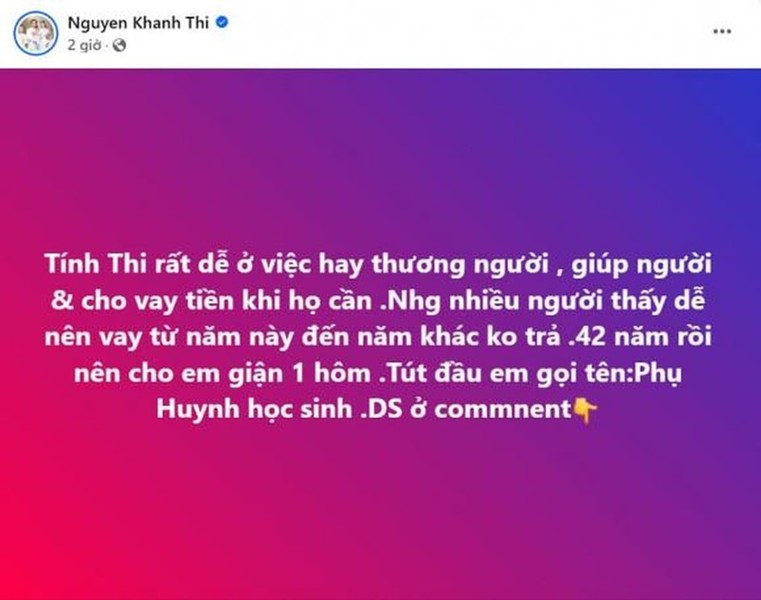 Mới đây,  Khánh Thi gây xôn xao khi công khai danh sách đòi nợ. Đáng chú ý, cô tố bị một nữ ca sĩ thi Bước nhảy hoàn vũ 13 năm trước vay 80 triệu nhưng không trả.