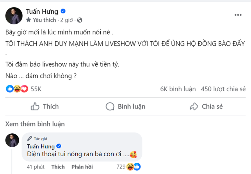 Trên trang cá nhân, Tuấn Hưng chia sẻ về lời thách với Duy Mạnh. "Tôi thách anh Duy Mạnh làm liveshow với tôi để ủng hộ đồng bào đấy. Tôi đảm bảo liveshow này thu về tiền tỷ. Nào … dám chơi không?", Tuấn Hưng viết. Ảnh: FB Tuấn Hưng.