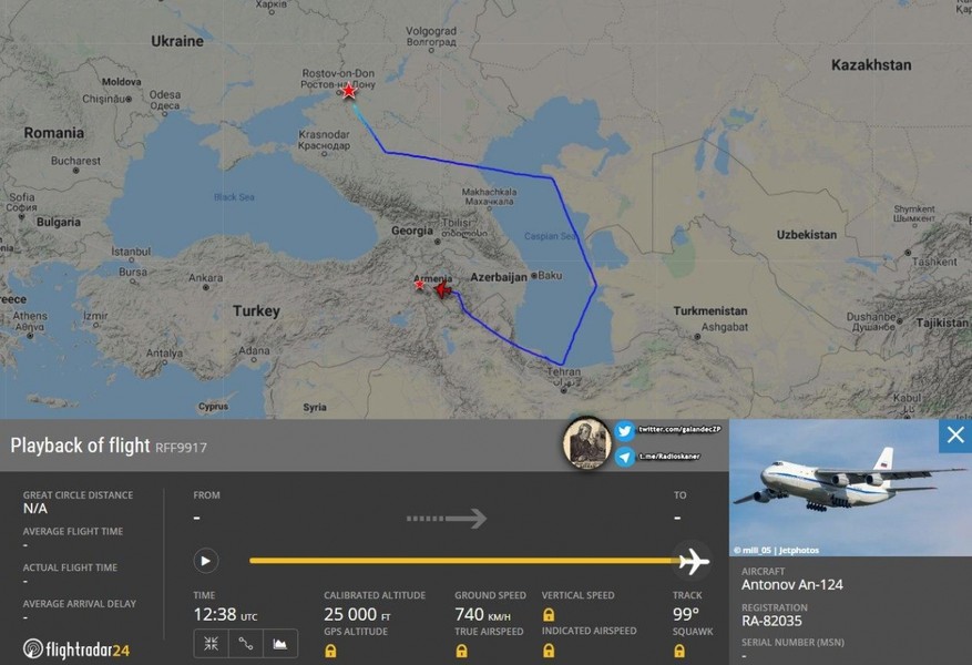 Theo mạng Avia Pro, đêm 26 và ngày 27/9/2020, một máy bay vận tải quân sự An-124 của Nga đã đến Yerevan từ sân bay Platov (Rostov-on-Don), và 6 tiếng sau thì bắt đầu xảy ra một cuộc đối đầu dữ dội giữa quân đội  Armenia và Azerbaijan.